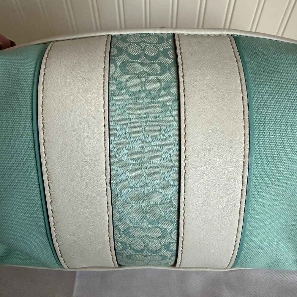 Vintage Coach Y2K Blue White Canvas Leather Signature Stripe Mini Hobo Ban Purse